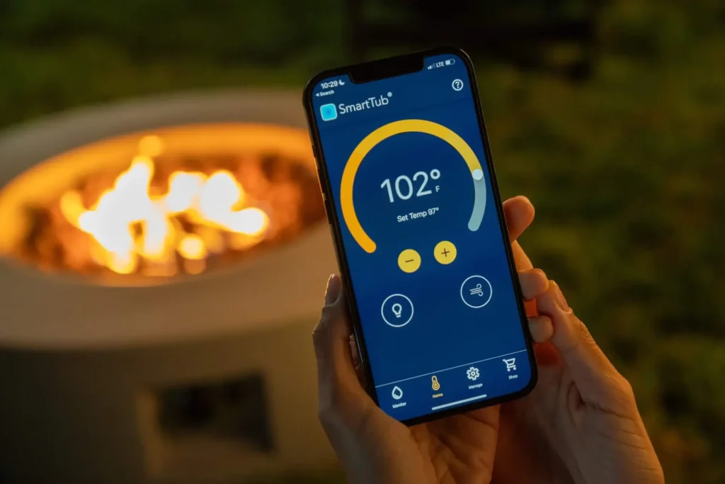 woman holding device showing SmartTub app